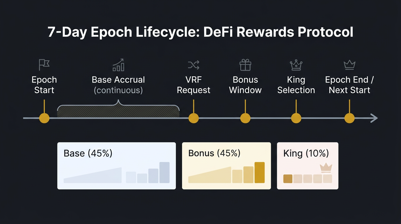 Epoch lifecycle: splits, accrual, VRF, lag, and carry